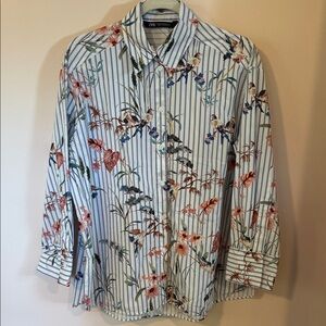 Zara Floral Birds Striped Button Down Tunic Shirt